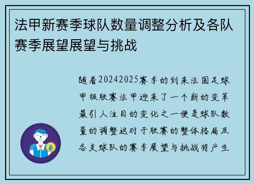 法甲新赛季球队数量调整分析及各队赛季展望展望与挑战