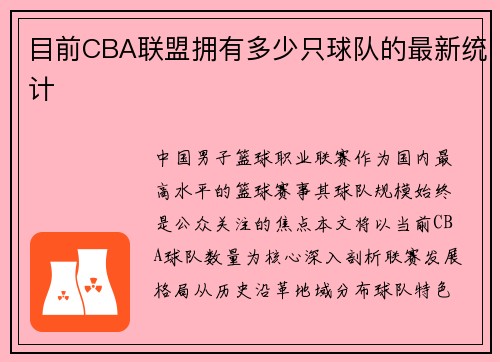 目前CBA联盟拥有多少只球队的最新统计